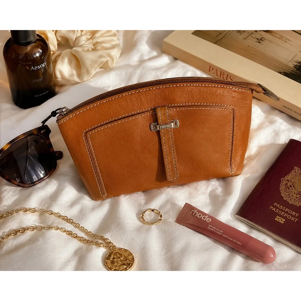 Prüne Cognac Leather Cosmetic Bag Y2KTravel Makeup Pouch Zip Case‎ New 🇦🇷